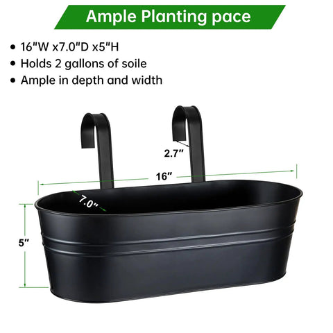 Black 16 inch railing planter box with detachable wide hooks for 2.7 inch railings