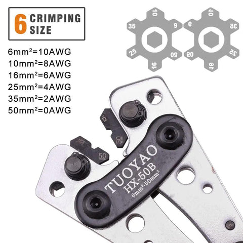 Close-up of Beefy Heavy Duty Battery Cable Lug Crimping Tool With Rotating Dies For AWG Ten To One Zero, six die sizes shown
