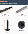 Dimensions of Sixteen Pack Anti Theft Torx Screws Kit for Ford F Series with T30 bit, M6x1.0 tap bit, hex screws.