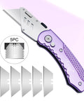 Angled view of Vickay folding utility knife with purple aluminum handle and 5 SK5 blades.