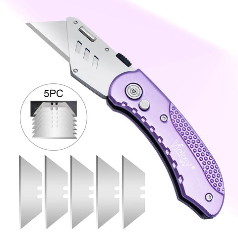 Angled view of Vickay folding utility knife with purple aluminum handle and 5 SK5 blades.