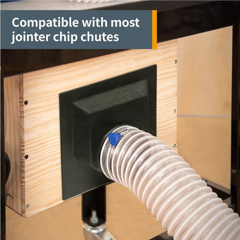 Rock Solid Jointer Dust Hood With Universal Fit For Woodworking Tools Four Inch Outlet Tough Abs Plastic connected to a jointer.