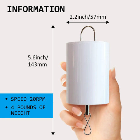Hand holding Disco Ball Motor For Wind Spinner And Mirror Ball Chimes Hang Display Rotating Motor, dimensions shown