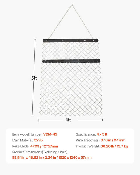 Heavy Duty Drag Harrow 4x5 Ft Chain Harrow Built Tough For Landscape Leveling And Sod Prep, Q235 Steel Build, front view.