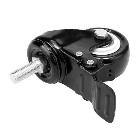 Close-up of Heavy Duty Steel Plate Casters Five Pack 22Mm Universal Swivel Ball Wheels, black steel swivel with bolt.