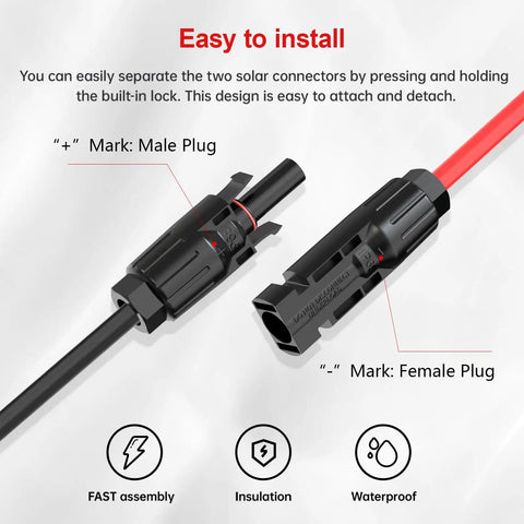 Close-up of male and female plug connectors from 6-In-1 Solar Panel Connector Kit With 12AWG Wire To XT60 Anderson DC7909 DC6530 DC35135 And DC5521 Connectors For Portable Solar Generator Plug-And-Play Waterproof Flexible Heat Resistant 2FT Cable Bundle, showing easy assembly and waterproof design.