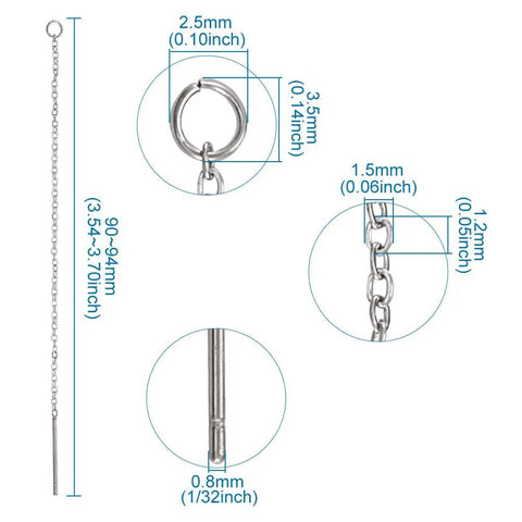 Hypoallergenic Stainless Steel Long String Ear Threads 3.54 to 3.7 Inch Tassel Chain Earrings With Loop and 20 Gauge Pin, Dope Dangle Ear Jewelry For Daily Wear And Multiple Piercings, 90-94mm chain