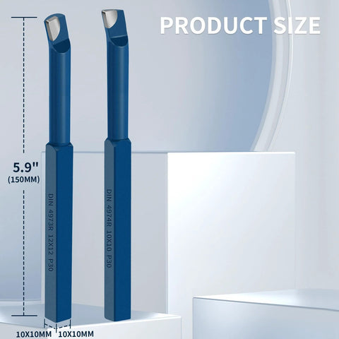 Two blue carbide-tipped lathe cutter tools with 10x10mm square shanks, 150mm long