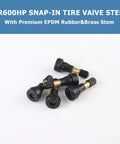 Five TR600HP high-pressure brass tire valve stems with black plastic bodies and brass shafts (snap-in, tubeless)