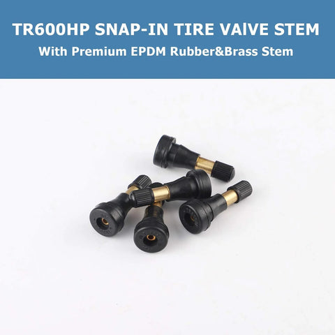 Five TR600HP high-pressure brass tire valve stems with black plastic bodies and brass shafts (snap-in, tubeless)