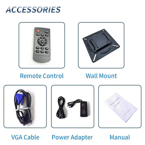 Accessories for 18.5 Inch CCTV Monitor For Home Security including remote control, wall mount, VGA cable, power adapter, and manual.