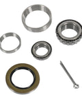 Boat trailer axle bearing kit with two bearings, grease seal, races, spacers, and cotter pin