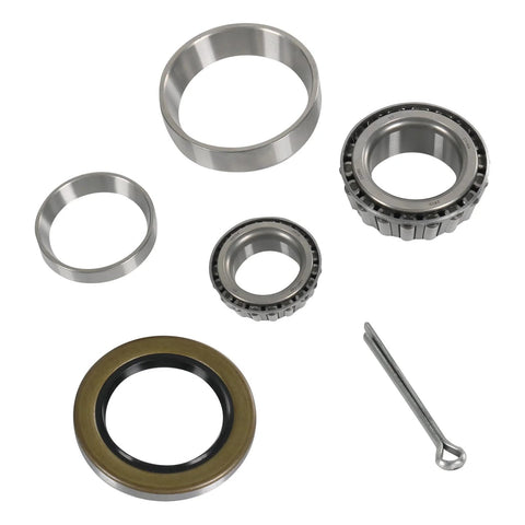 Boat trailer axle bearing kit with two bearings, grease seal, races, spacers, and cotter pin