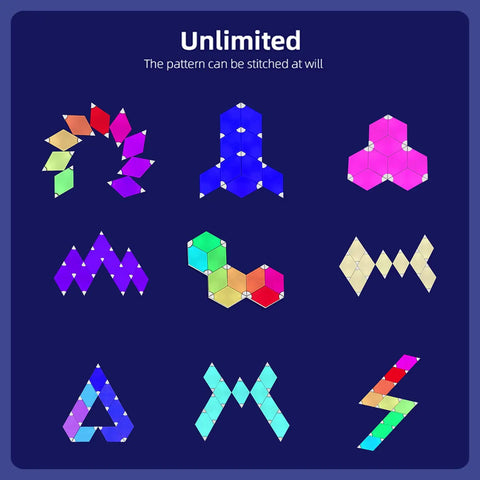 Smart Rhombus LED Wall Panels for Gaming Setup, 9 Pack RGB Colorful Rhythm Edition showing various pattern possibilities.
