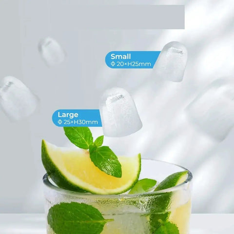 Compact Countertop Ice Maker Crafting Quick Bullet Ice In Six Minutes Flat with small and large ice cubes in a drink.