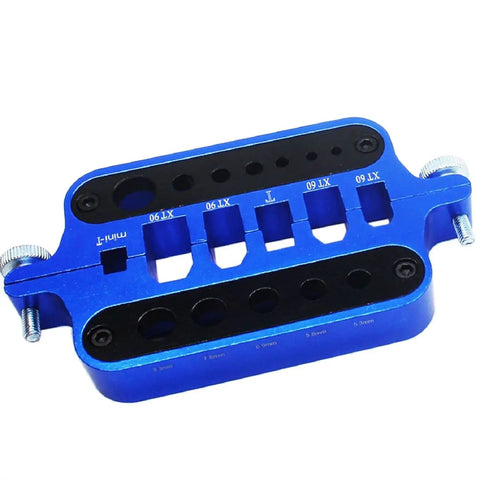 Heavy Duty Aluminum Soldering Jig Block For No Sweat XT60 XT90 T Plug And Bullet Connector Soldering Heat Resistant Multi Size Banana Plug Fixture with blue finish.