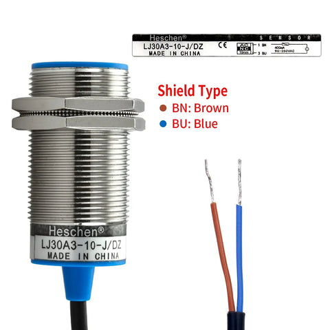 Close-up of Inductive Proximity Sensor Shield Type M30 with wires for magnetic metal detection and automation.