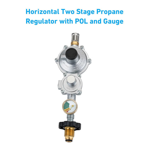 Stanbroil horizontal two-stage propane regulator with 10ft hose and gauge, POL inlet and 3/8" flare outlet