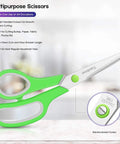 Close-up of green-handled scissors, part of 6 Pack 8 Inch All Purpose Heavy Duty Scissors Bulk Set For Office, School, And Classroom Use