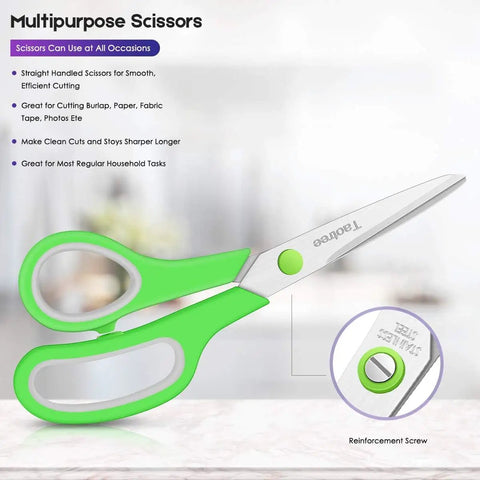 Close-up of green-handled scissors, part of 6 Pack 8 Inch All Purpose Heavy Duty Scissors Bulk Set For Office, School, And Classroom Use