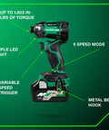 36V MultiVolt Cordless Triple Hammer BOLT Impact Driver Kit With Case, showing torque, LED light, speed mode, and hook