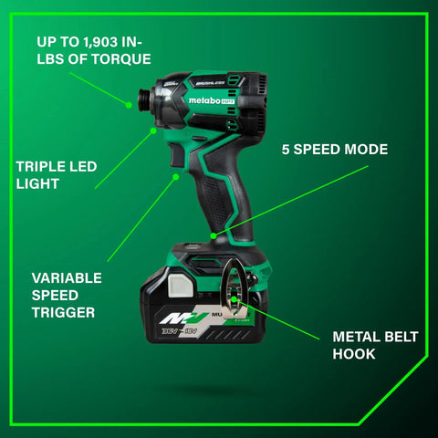 36V MultiVolt Cordless Triple Hammer BOLT Impact Driver Kit With Case, showing torque, LED light, speed mode, and hook
