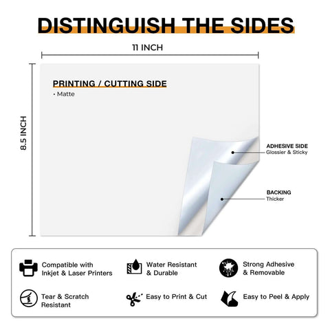 Matte white printable vinyl for inkjet & laser printers, 8.5x11 in, 40 sheets; peeled corner shows adhesive and backing