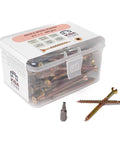 Tough As Nails Ten By Three Inch Deck Screws With Square Robertson Drive And Bugle Heads For Smooth Driving Rock Solid Grips And Rust Busting Protection Using Gilded Zinc Plated Finish In One Hundred Piece Box in a clear container.
