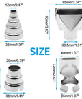 Four Pcs Heat Gun Nozzle Kit Pro Grade Stainless Steel Reflector Nozzle Curved Nozzle And Round Nozzles Three-Layer And Five-Layer For Hot Air Gun Soldering Station Replacement Must Have DIYer Gear shown with dimensions