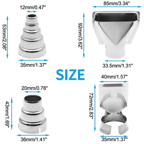 Four Pcs Heat Gun Nozzle Kit Pro Grade Stainless Steel Reflector Nozzle Curved Nozzle And Round Nozzles Three-Layer And Five-Layer For Hot Air Gun Soldering Station Replacement Must Have DIYer Gear shown with dimensions