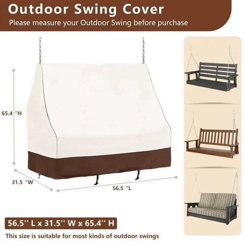 Waterproof 57 Inch Porch Swing Cover for All Weather Use Heavy Duty 600D Oxford Outdoor Swing Shield in beige with measurements.