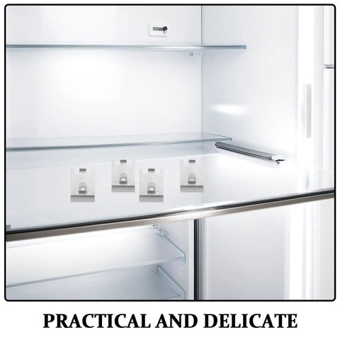 Stainless Steel Fridge Shelf Support Clips 8 Pack With Brushed Finish shown inside a refrigerator with empty glass shelves.
