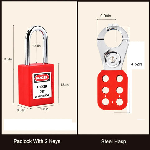 Front view of Lockout Tagout Kit For Electrical Safety with padlock and steel hasp. OSHA Compliant Group Lockout Hasps shown.