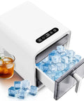 Compact Nugget Ice Maker With Self Cleaning Countertop Design Produces Crisp Chewable Ice Quick As A Wink For Home Bars And Rv Trailers, showing ice in pull out drawer.