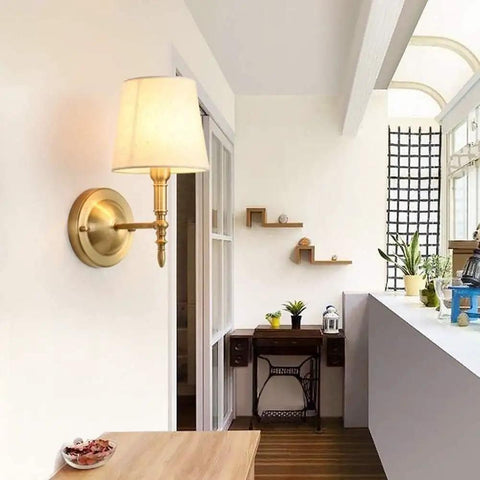 Dope Warm Brass Wall Lamp With White Drum Shade, Hardwired Sconce For Bedside And Hallway, Modern European Style Lighting