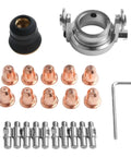 Solid 22 Piece Plasma Cutter Consumables Kit For Trafimet S45 And S25 Torches showing copper nozzles, tips, and a black guard.