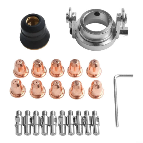 Solid 22 Piece Plasma Cutter Consumables Kit For Trafimet S45 And S25 Torches showing copper nozzles, tips, and a black guard.