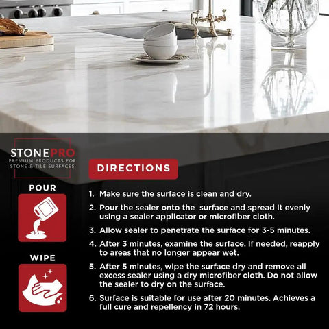 Instructions for applying Pro Sealer Quart Impregnating Sealer For Marble And Tile With Deep-Penetrating Hybrid Carrier Technology.