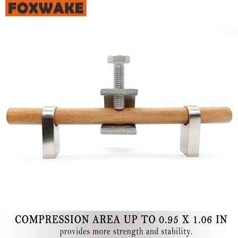 Front view of a Mini C Clamps Stainless Steel 0.83 Inch For Working, clamping a wooden dowel with wide jaw opening and I beam design.