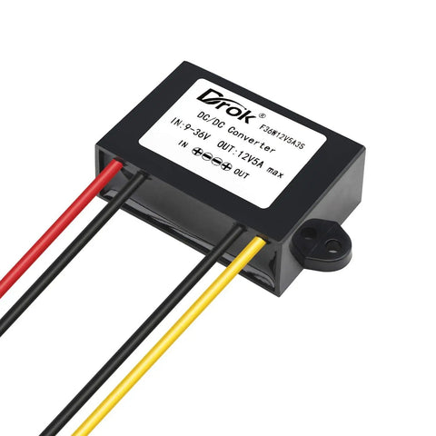 9V-36V To 12V DC Buck Boost Converter Waterproof Rugged Auto Step Up Down Voltage Regulator 5A 60W For Car Audio Solar Power System LCD TV LED Display Plug And Play, close-up view