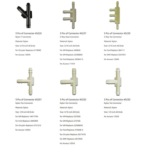 Assorted nylon vacuum hose connectors kit, beige barbed Y, T, and 4/5‑way adapters; 3 pcs per type (front view)