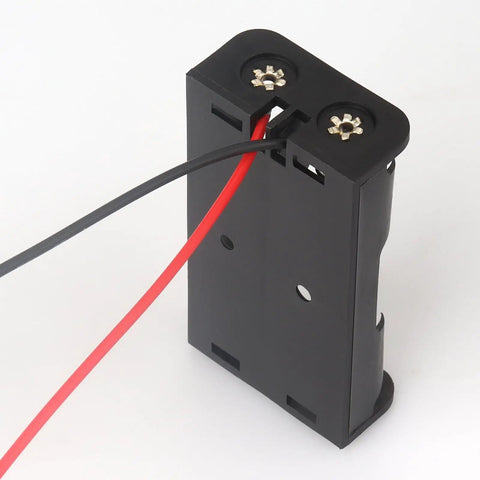 Four Pack Of Hella Reliable AA Battery Holders With Attached Leads And Stainless Steel Contacts For Effortless Power Delivery And A Straight Up No Fuss Housing That Keeps Batteries Securely Locked Away, black plastic holder with red and black wires.