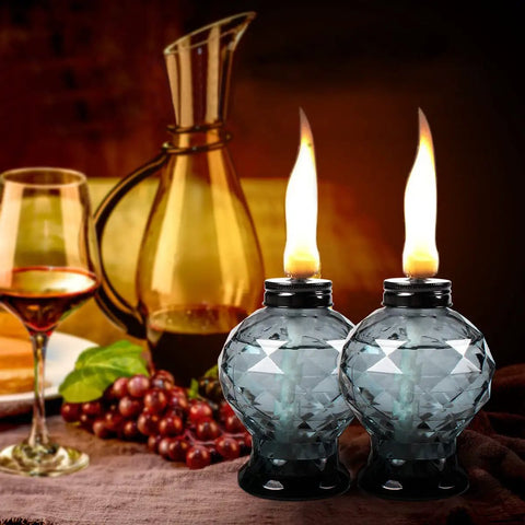 Two crystal gem design glass table torches with citronella, ideal for outdoor patio and garden, providing long burn time up to six hours.