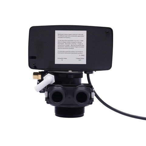 110V 12 Day Time Clock Control Valve With 3W Timer Backwash Head for water softener system, rear view showing inlet and outlet