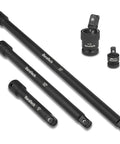 Heavy Duty One Half Inch Impact Socket Extension Set Five Piece Kit With Five Inch Ten Inch And Fifteen Inch Extensions Swivel Universal Joints And One Half To Three Eighth Inch Drive Adapter In CR V Steel For Auto And Garage Grinders displayed on white background.