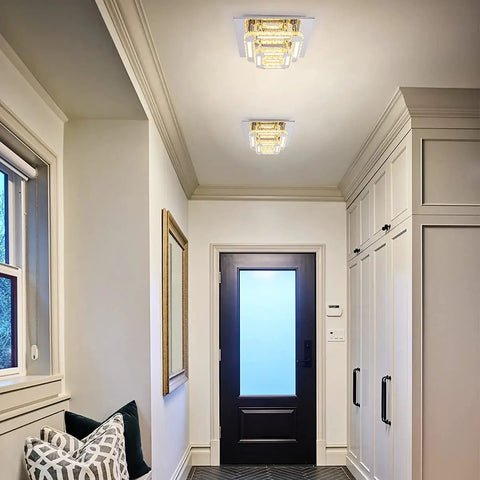 Dimmable Flush Mount Crystal Ceiling Light With Remote Control, LED K9 Crystal 2 Square Mini Lamp in modern hallway setting