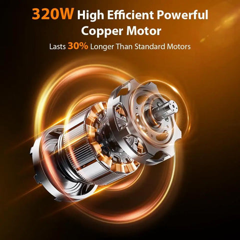 320W high efficient copper motor with orange energy lines, lasts 30% longer than standard motors, displayed on a dark background