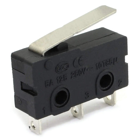 Ten Pack KW12 B Micro Limit Switch with Three Pin Terminals, AC 125V to 250V, 5A, lever arm, black plastic shell, side view.