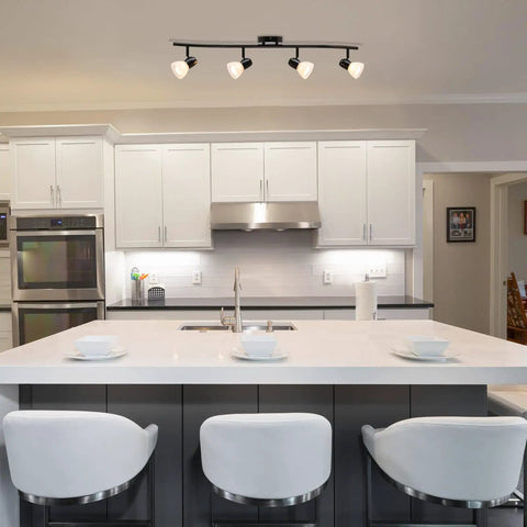 Four Light Modern Black Curved Kitchen Track Ceiling Light Fixtures With Adjustable Heads And Alabaster Glass In Matte Black Finish
