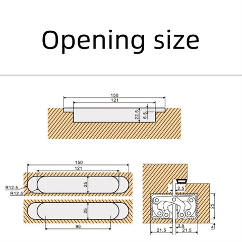 Tough As Nails Self Locking Concealed Wood Door Hinge dimensions diagram showing opening size for installation.